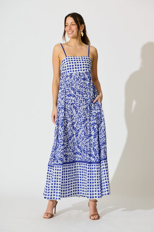 Lova Maxi Sundress in Blue with White Cotton