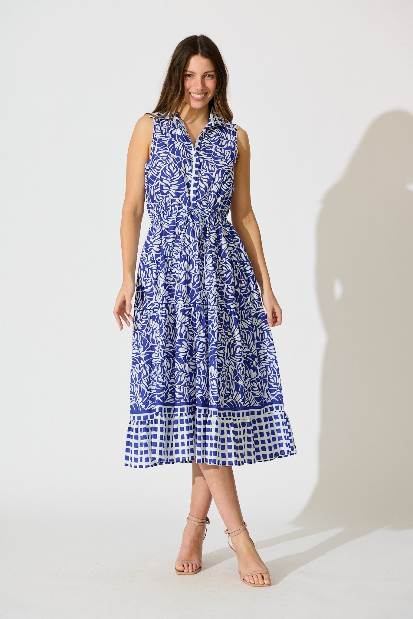 Maelle Midi Dress in Blue with White Cotton