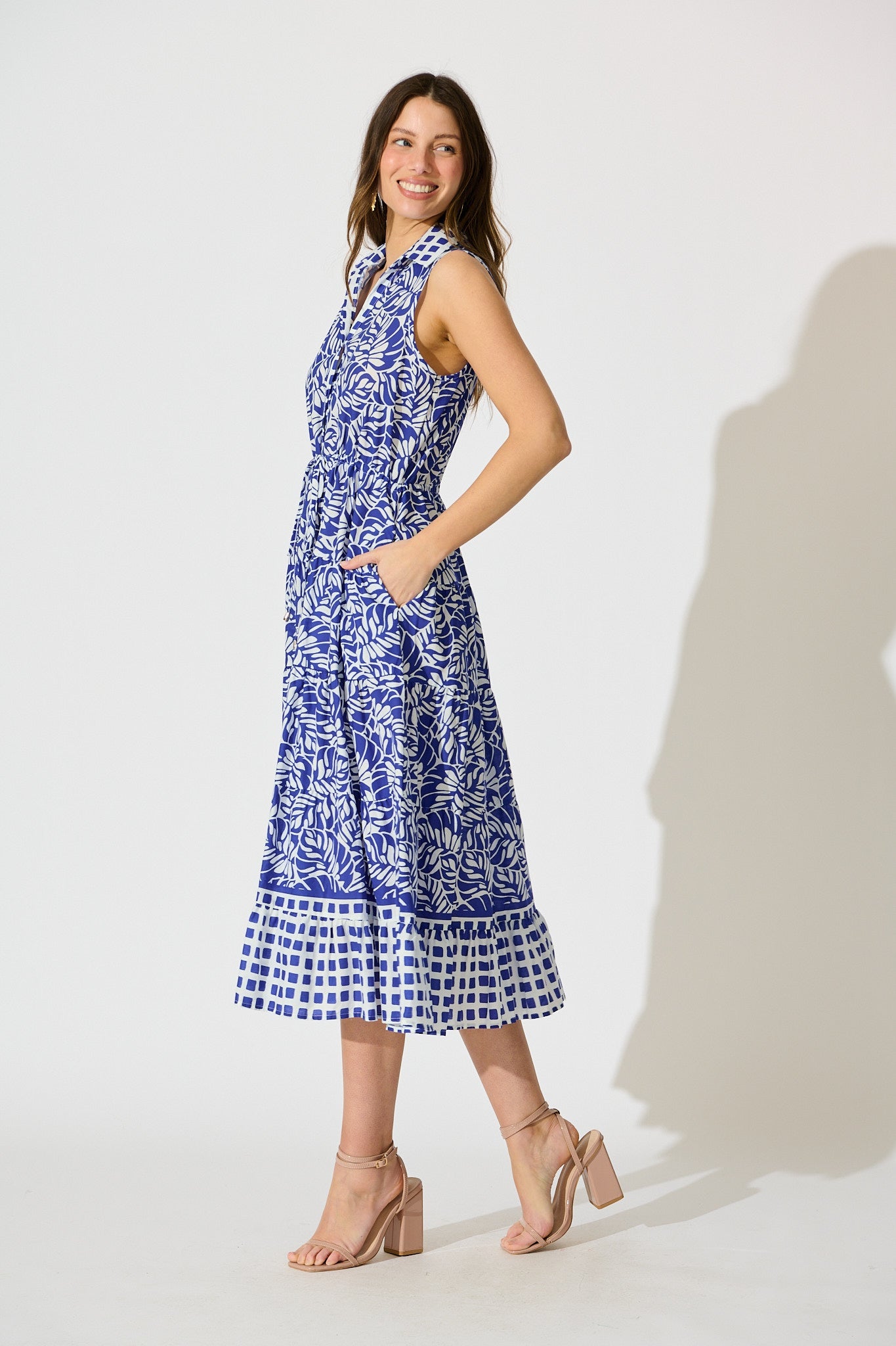Maelle Midi Dress in Blue with White Cotton