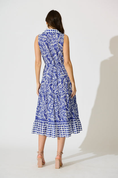 Maelle Midi Dress in Blue with White Cotton