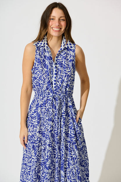 Maelle Midi Dress in Blue with White Cotton