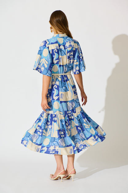 Cera Midi Shirt Dress in Blue Sea Shell Print