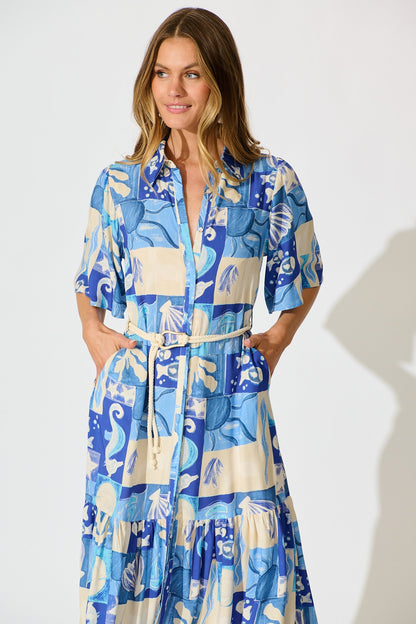Cera Midi Shirt Dress in Blue Sea Shell Print