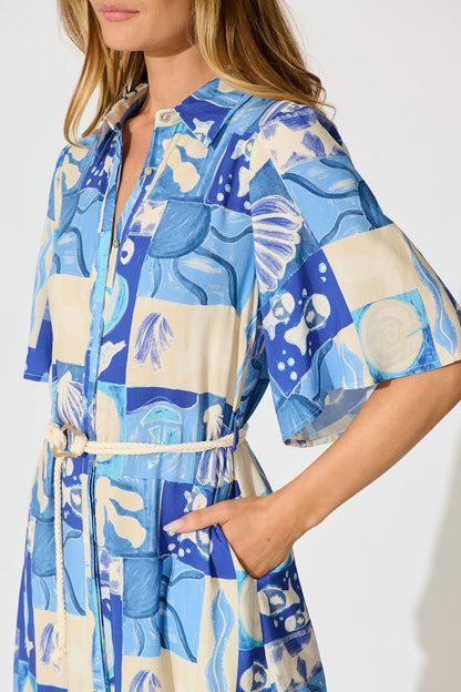 Cera Midi Shirt Dress in Blue Sea Shell Print