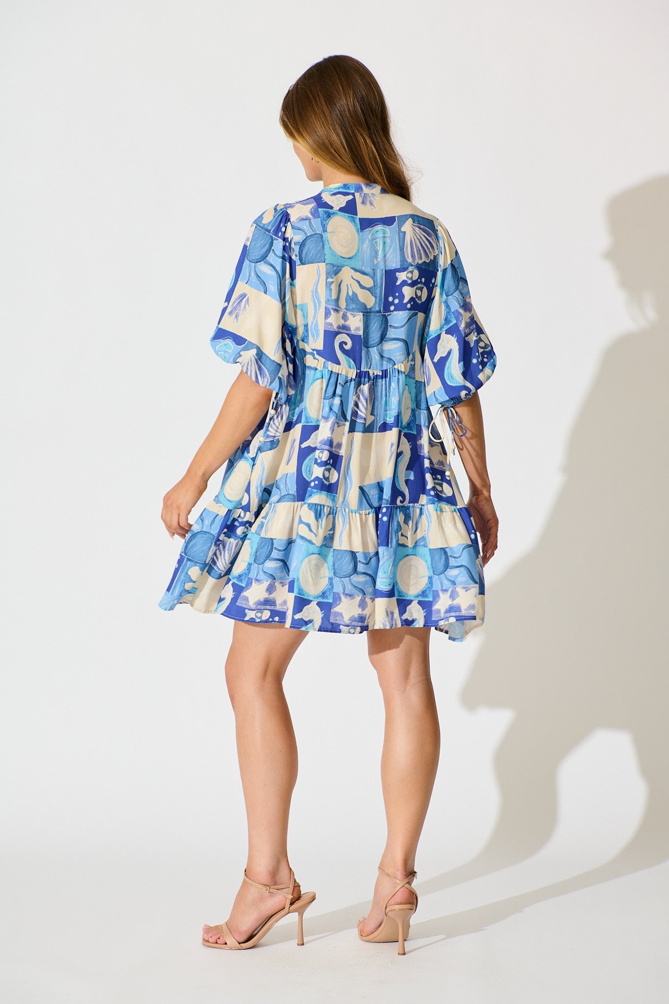 Emelyn Smock Dress in Blue Sea Shell Print