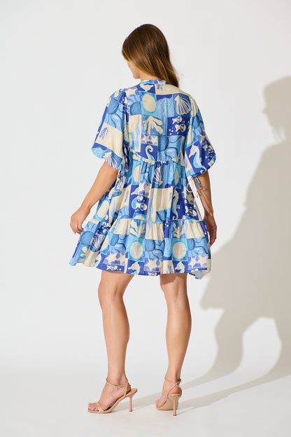 Emelyn Smock Dress in Blue Sea Shell Print