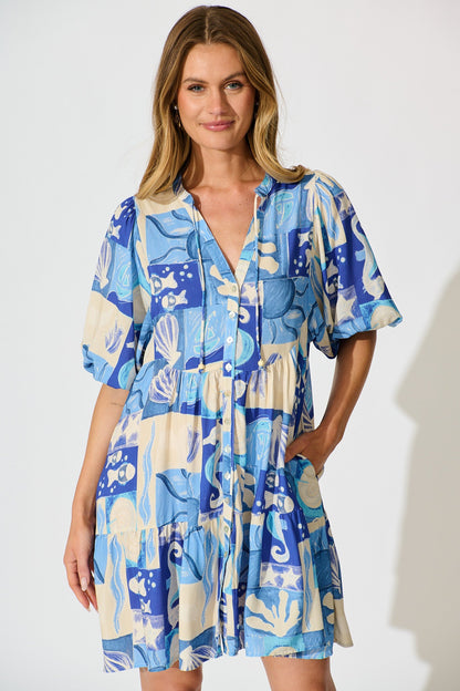 Emelyn Smock Dress in Blue Sea Shell Print