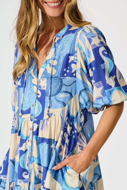 Emelyn Smock Dress in Blue Sea Shell Print