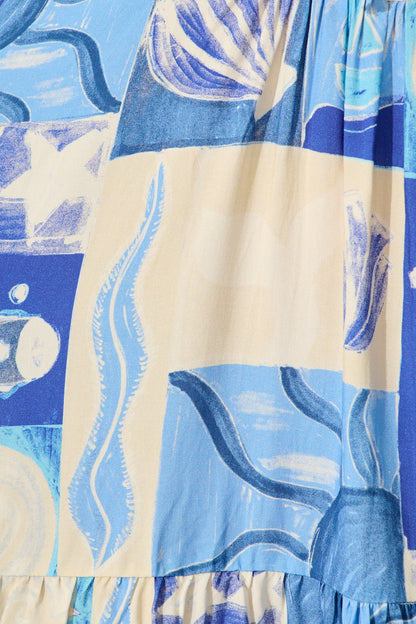 Emelyn Smock Dress in Blue Sea Shell Print