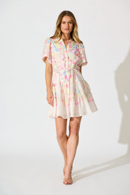 Karey Dress in White with Multi Pastel Floral Linen Blend