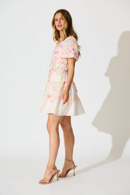 Karey Dress in White with Multi Pastel Floral Linen Blend