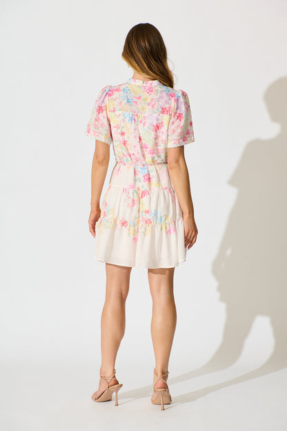 Karey Dress in White with Multi Pastel Floral Linen Blend