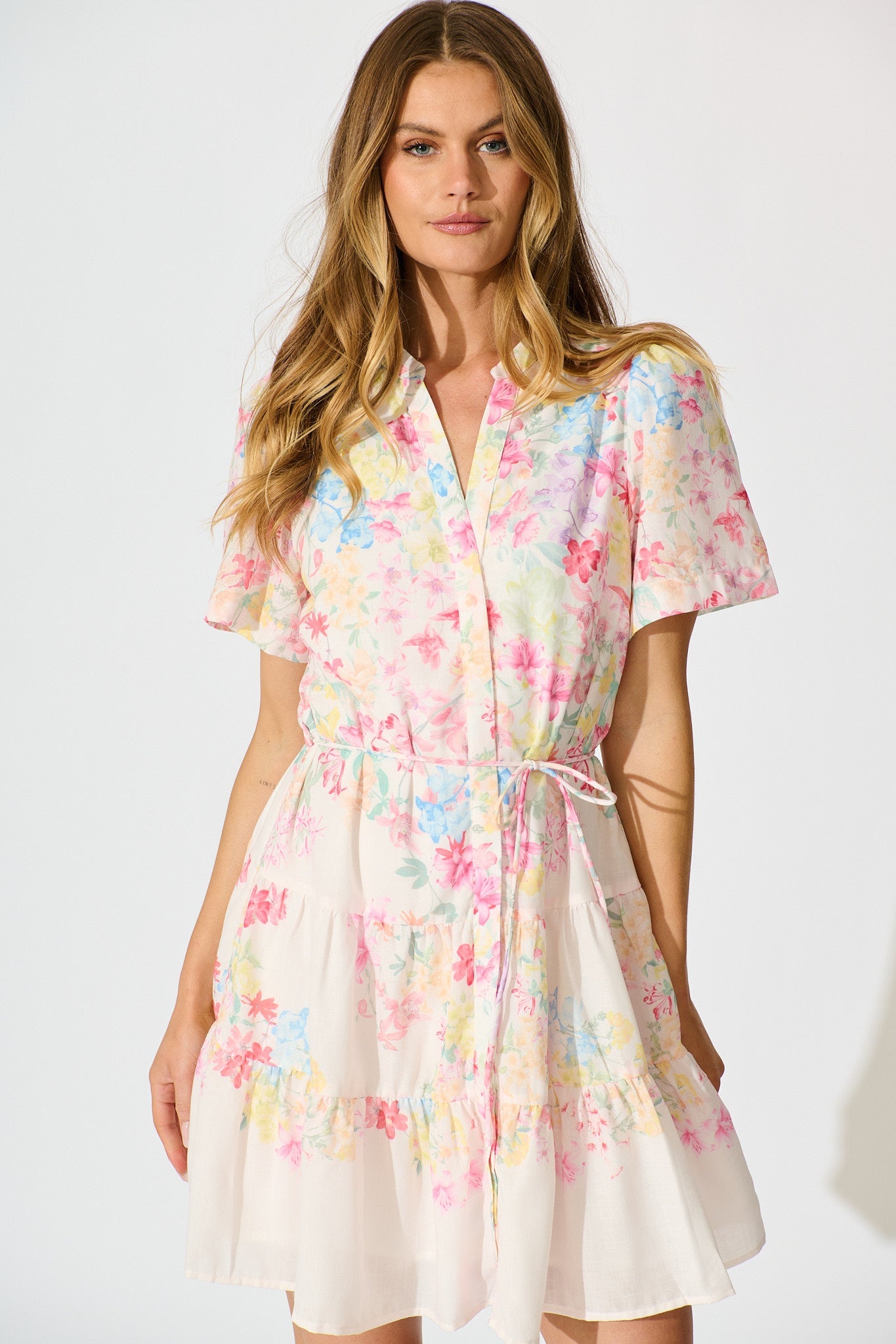 Karey Dress in White with Multi Pastel Floral Linen Blend