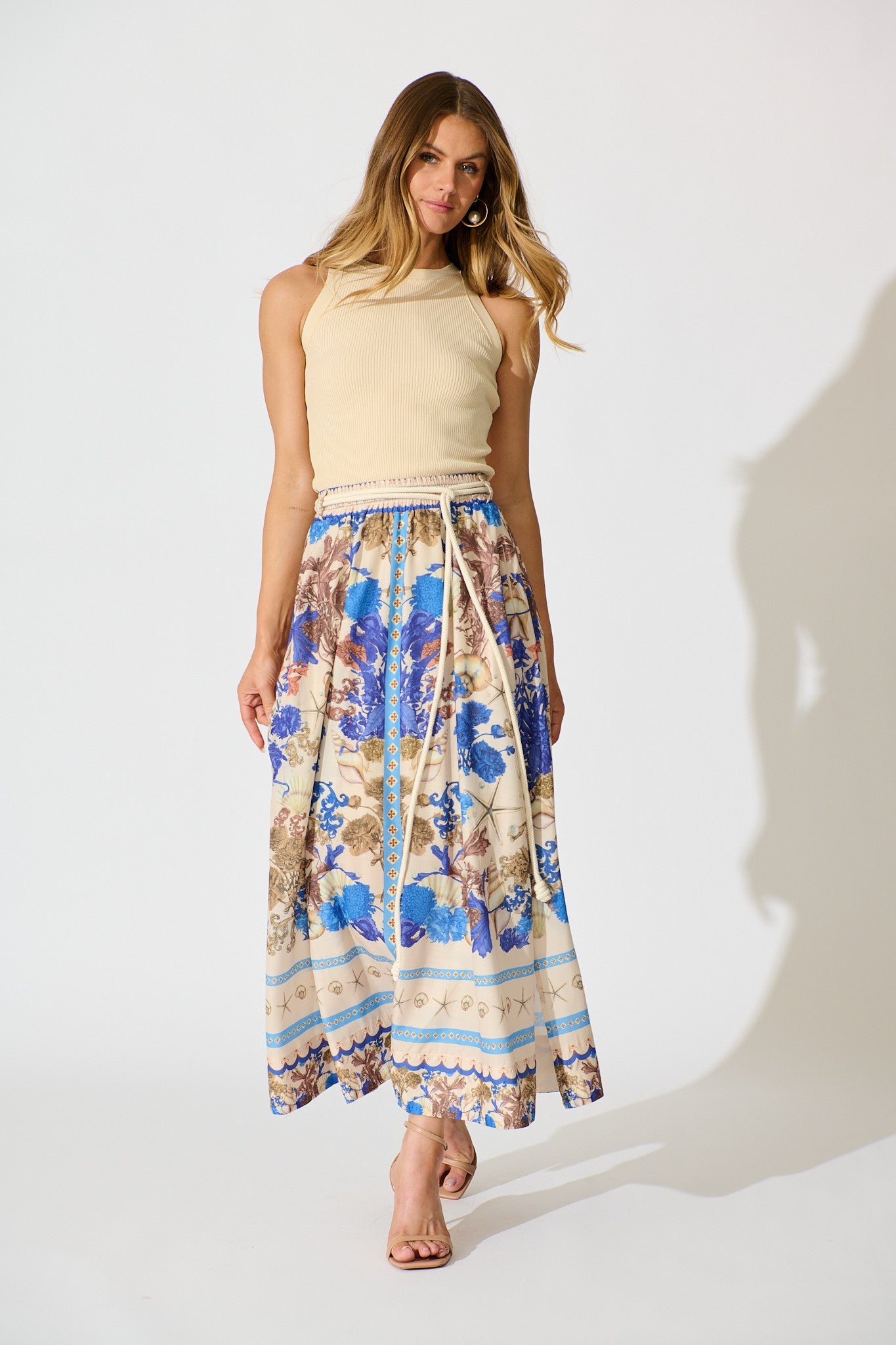 Dalton Maxi Skirt in Blue with Multi Floral Placement Cotton Blend