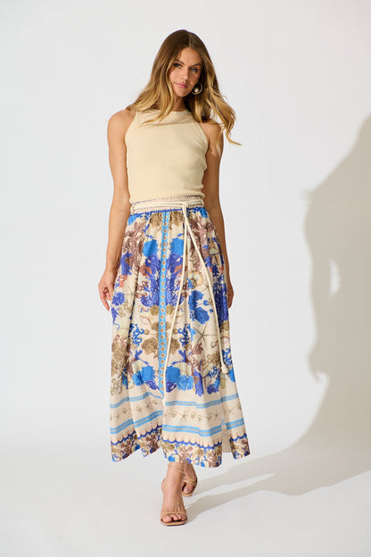 Dalton Maxi Skirt in Blue with Multi Floral Placement Cotton Blend