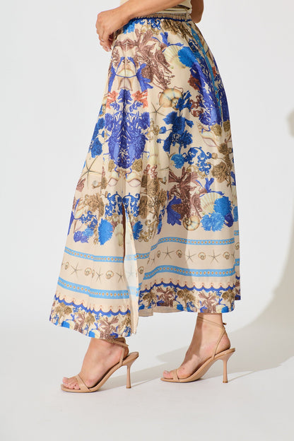 Dalton Maxi Skirt in Blue with Multi Floral Placement Cotton Blend