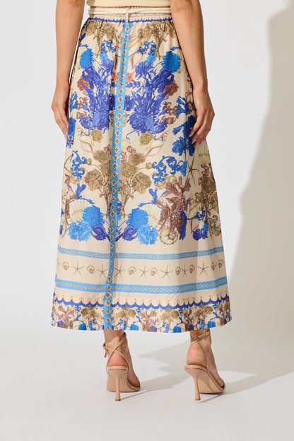 Dalton Maxi Skirt in Blue with Multi Floral Placement Cotton Blend