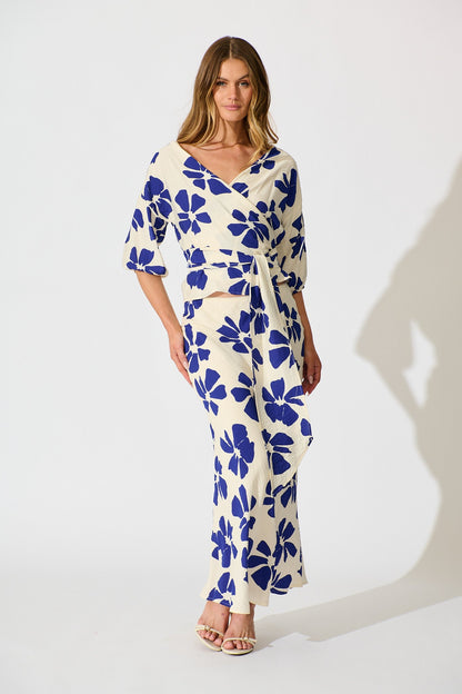 Lanah Maxi Skirt in White with Blue Flower Print