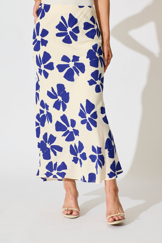 Lanah Maxi Skirt in White with Blue Flower Print