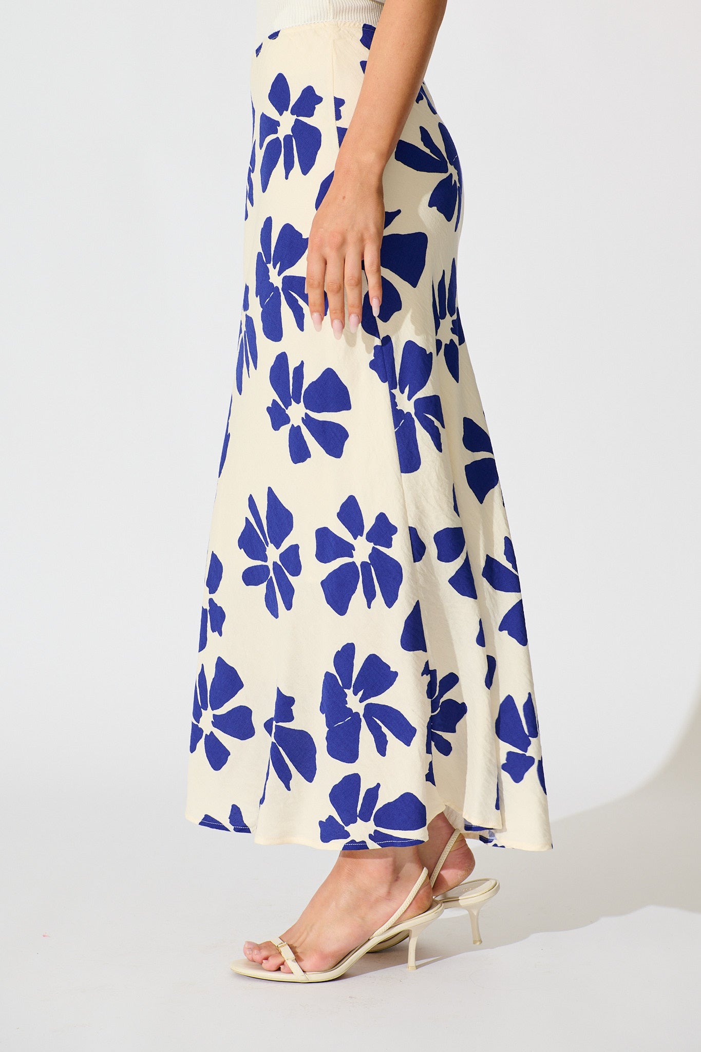 Lanah Maxi Skirt in White with Blue Flower Print