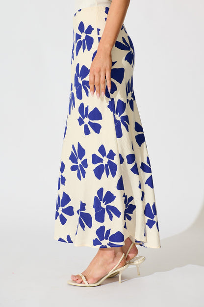 Lanah Maxi Skirt in White with Blue Flower Print