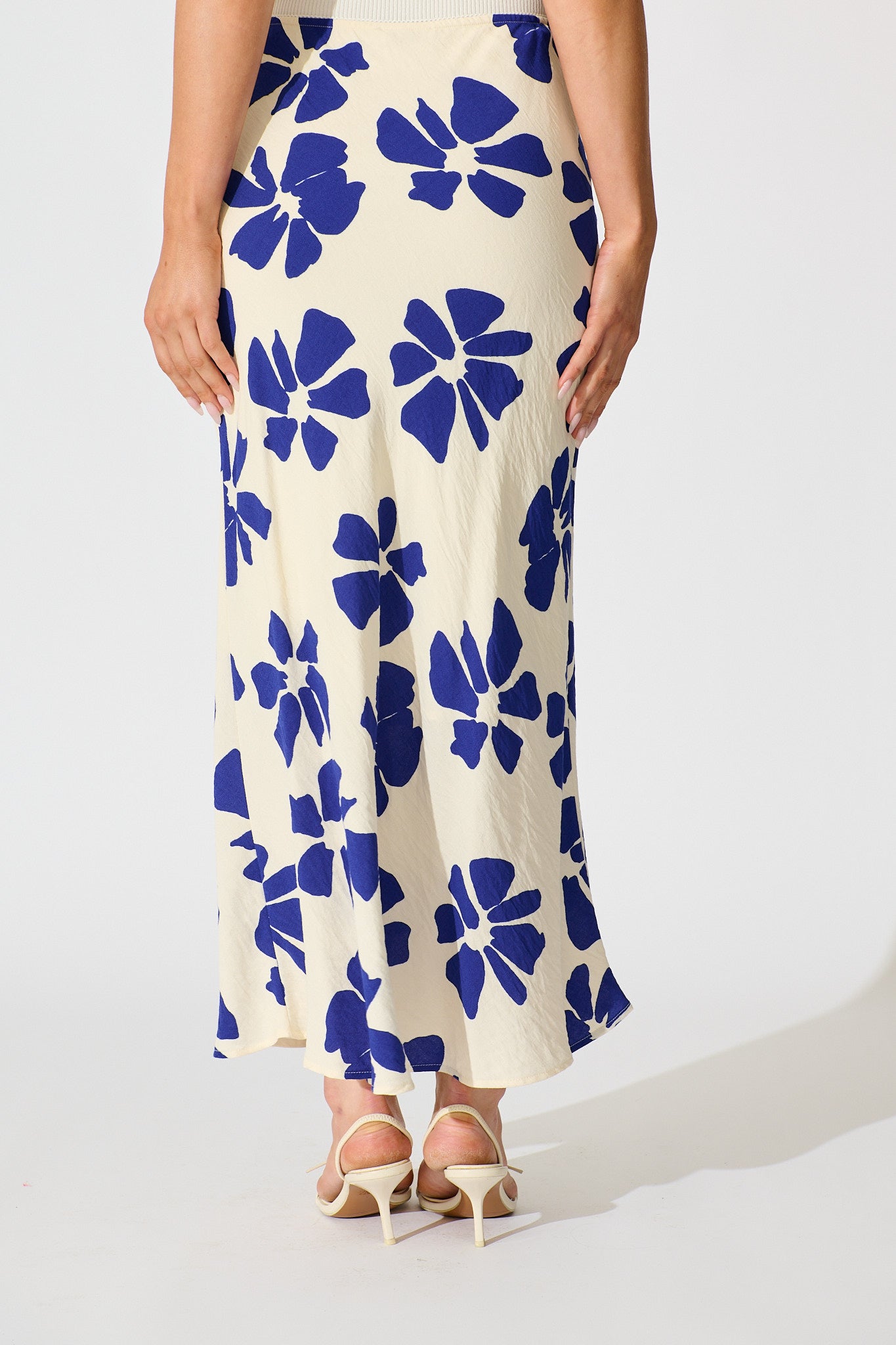 Lanah Maxi Skirt in White with Blue Flower Print