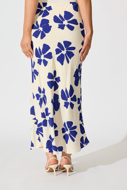Lanah Maxi Skirt in White with Blue Flower Print