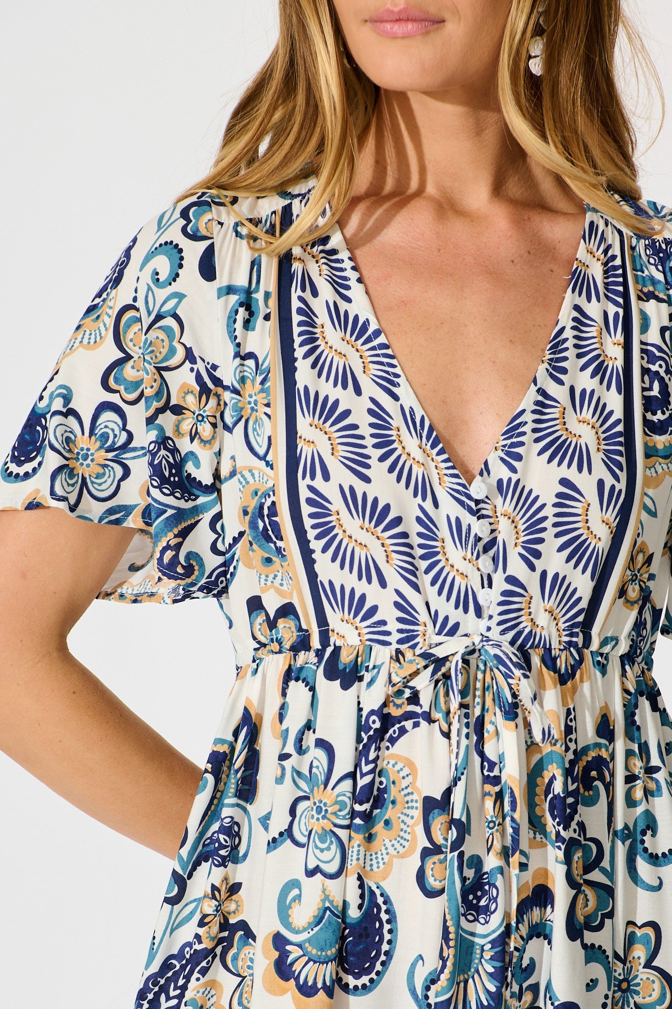 Zanayah Dress in White with Blue Boho Print