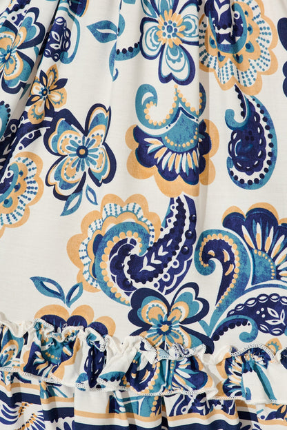 Zanayah Dress in White with Blue Boho Print
