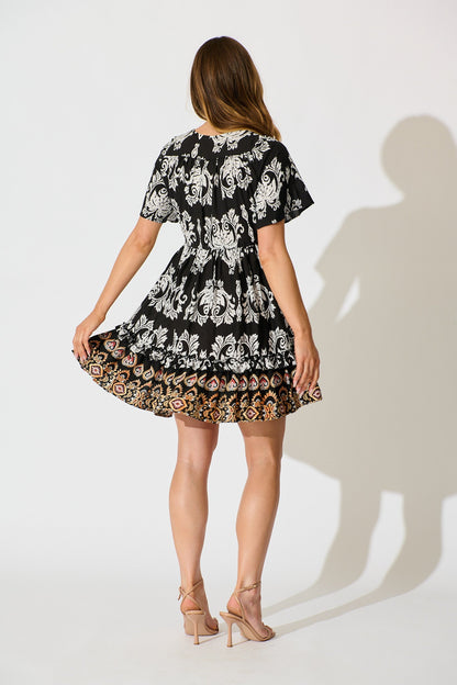 Zanayah Dress in Black with White Boho Print