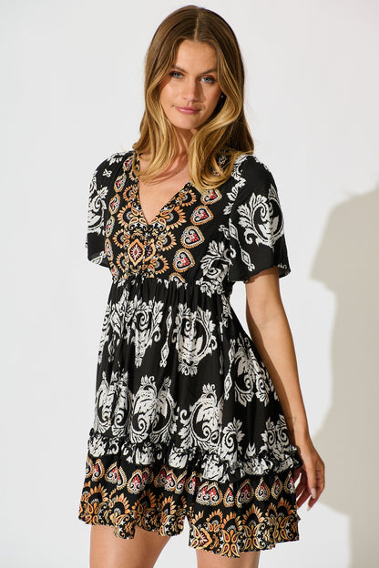 Zanayah Dress in Black with White Boho Print
