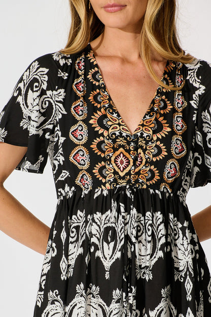 Zanayah Dress in Black with White Boho Print