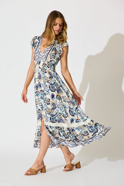 Ilysssa Maxi Dress in White with Blue Boho Print