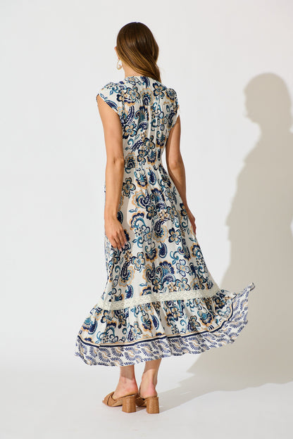 Ilysssa Maxi Dress in White with Blue Boho Print