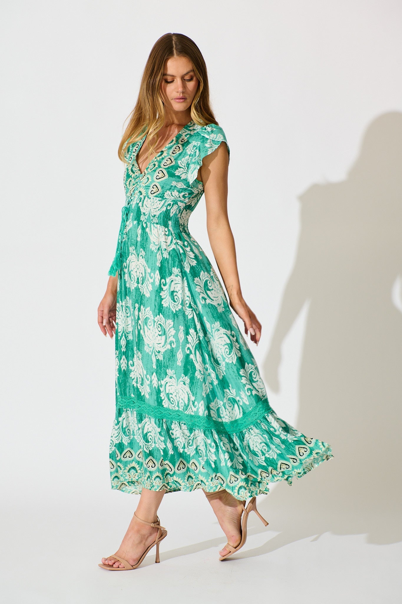 Ilysssa Maxi Dress in Green with White Boho Print