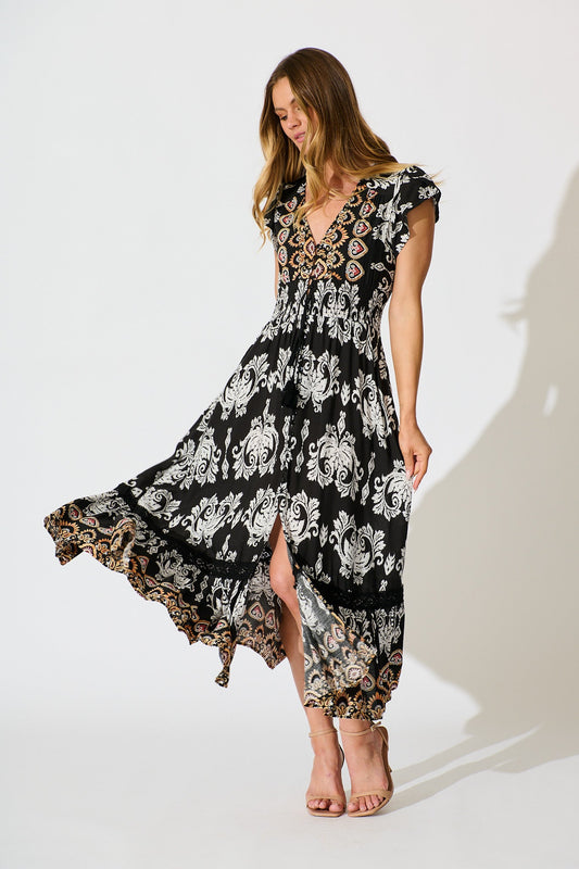 Ilysssa Maxi Dress in Black with White Boho Print