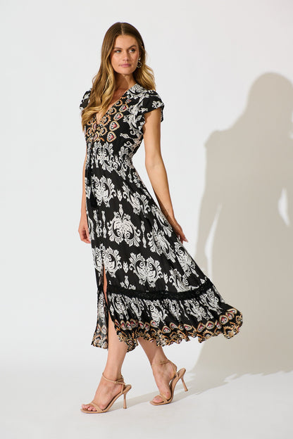 Ilysssa Maxi Dress in Black with White Boho Print