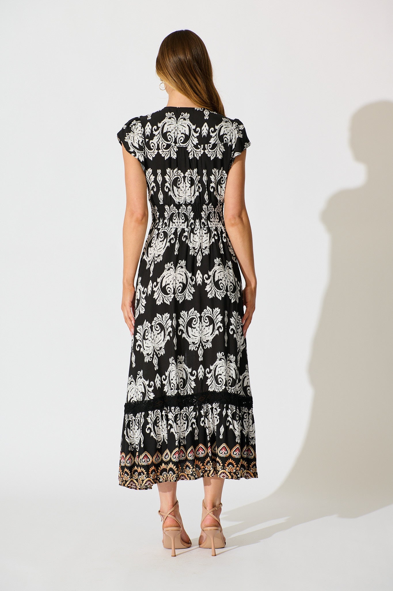 Ilysssa Maxi Dress in Black with White Boho Print