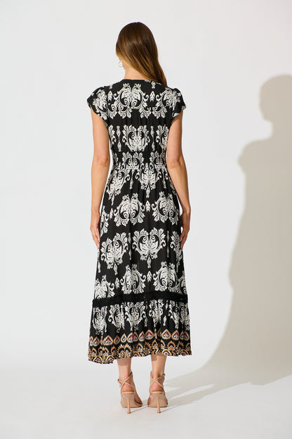 Ilysssa Maxi Dress in Black with White Boho Print