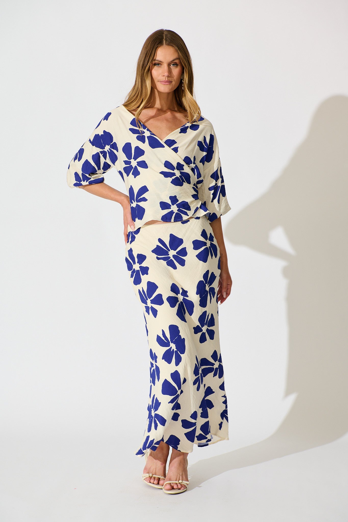Rhylee Wrap Top in White with Blue Flower Print