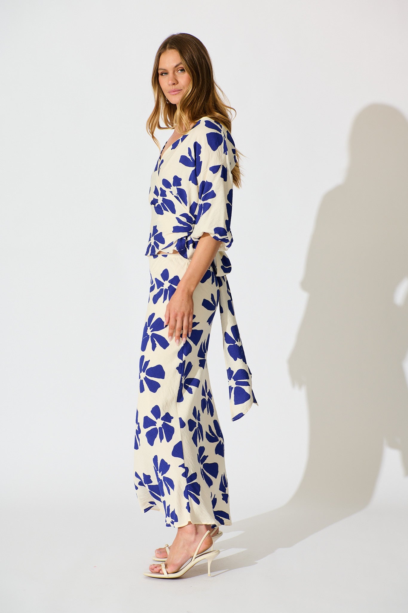 Rhylee Wrap Top in White with Blue Flower Print