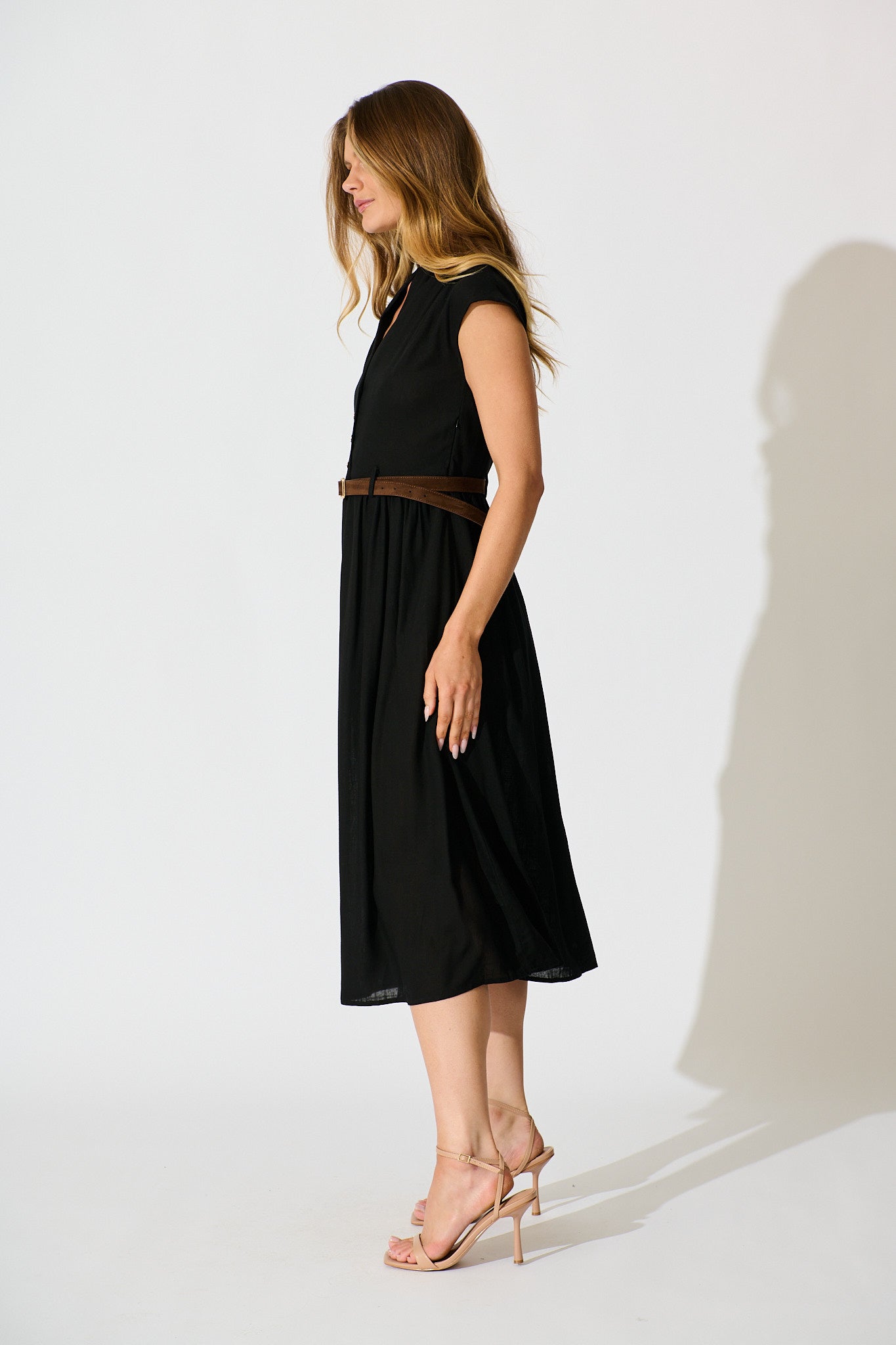 Ordella Midi Dress in Black Linen Blend with Belt