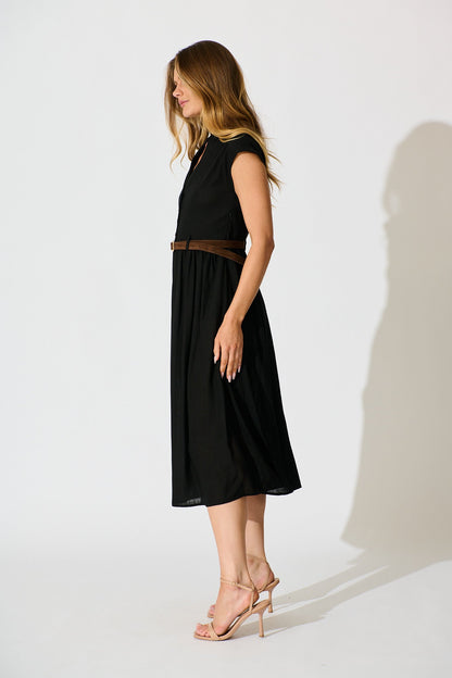 Ordella Midi Dress in Black Linen Blend with Belt