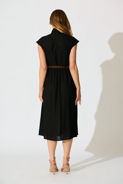 Ordella Midi Dress in Black Linen Blend with Belt