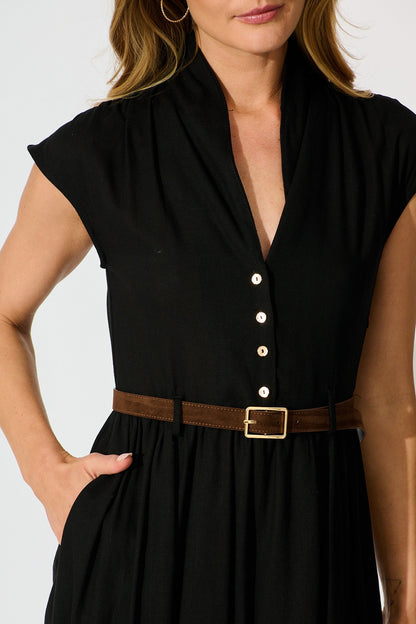 Ordella Midi Dress in Black Linen Blend with Belt