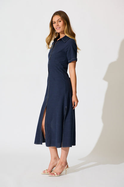 Christiana Maxi Shirt Dress In Navy Linen Blend