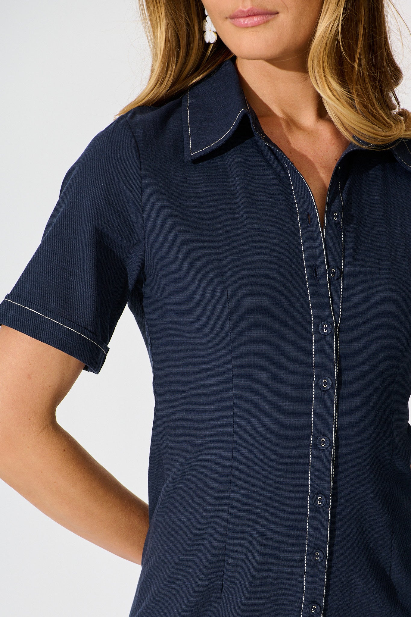 Christiana Maxi Shirt Dress In Navy Linen Blend