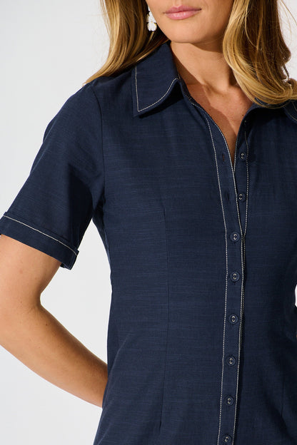 Christiana Maxi Shirt Dress In Navy Linen Blend