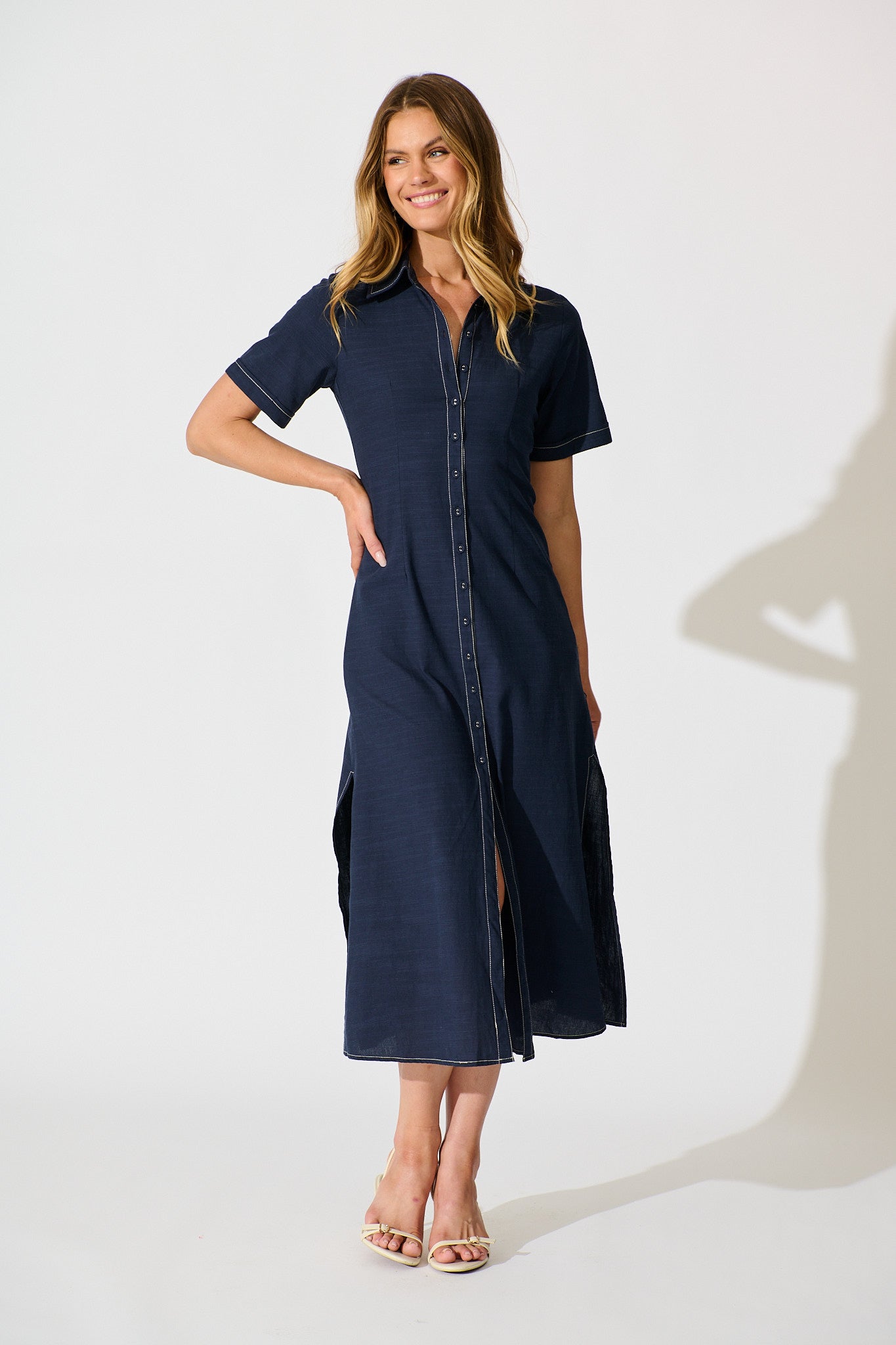 Christiana Maxi Shirt Dress In Navy Linen Blend
