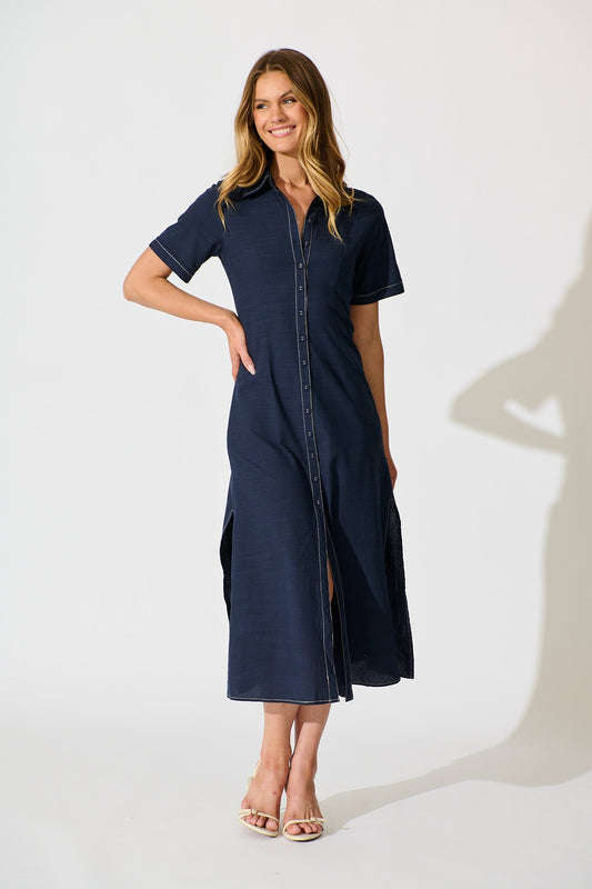 Christiana Maxi Shirt Dress In Navy Linen Blend